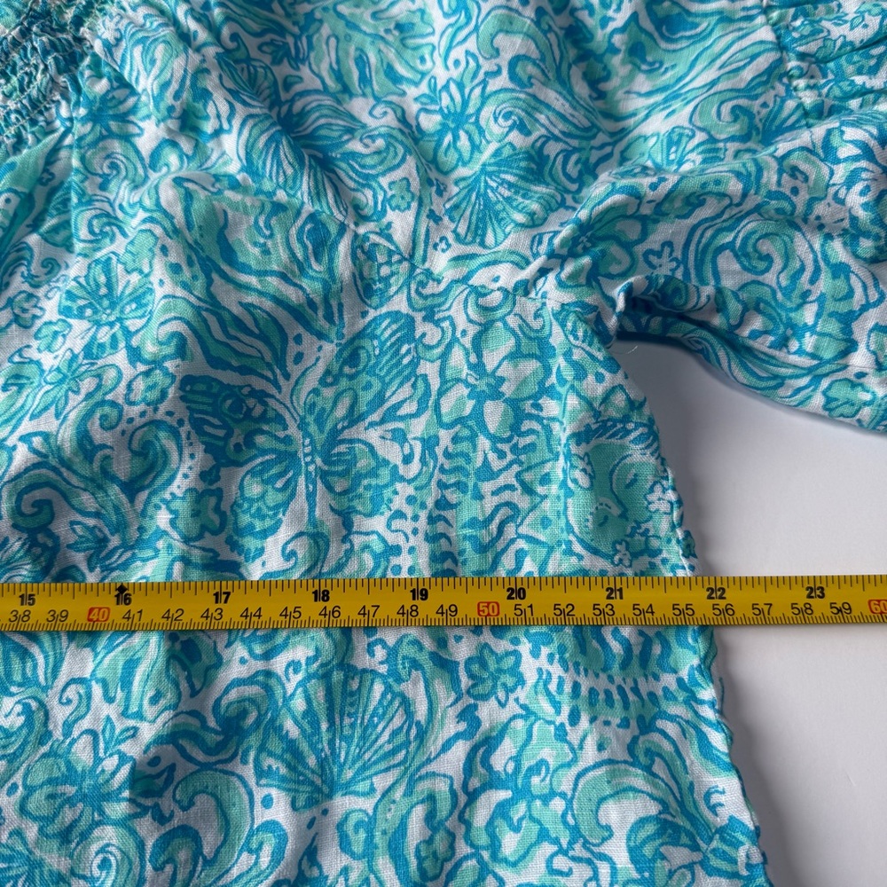 Lilly Pulitzer Linen Tayla Blouse Flutter Sleeve blue and aqua large - Picture 6 of 9